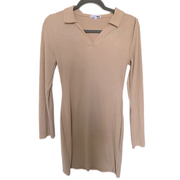 NWOT Fashion Nova tan beige collar dress medium-large - Picture 2 of 7